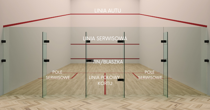 Widok na kort do squasha z zaznaczonymi liniami i polami