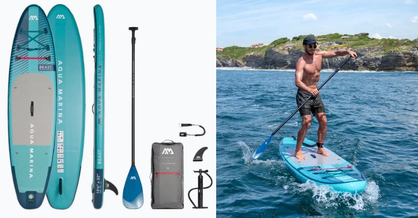 Deska SUP Aqua Marina  Beast 10'6" i mężczyzna pływający na niej po lekkich falach