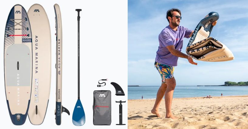 Deska SUP Aqua Marina Magma 11'2" i mężczyzna rozkładający ją do pompowania na plaży