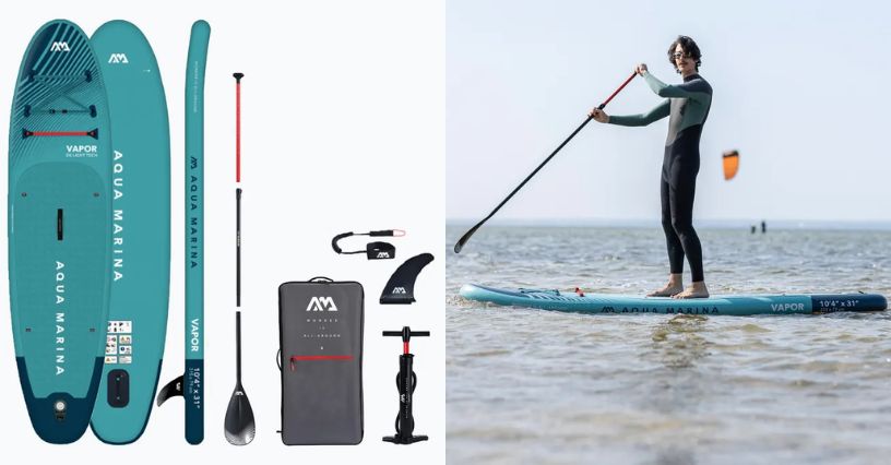 Pompowana deska SUP allround Aqua Marina Vapor 10'4" i mężczyzna w piance neoprenowej pływający na niej