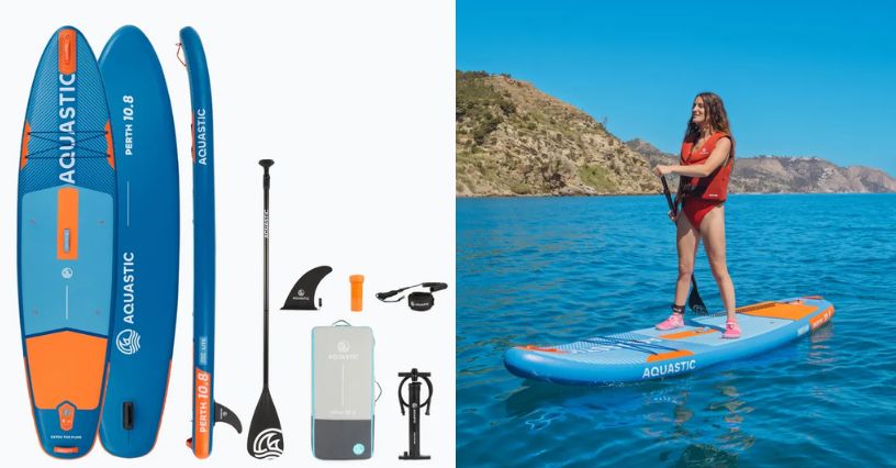 SUP deska allround AQUASTIC Perth 10'8" i kobieta pływająca na niej po jeziorze