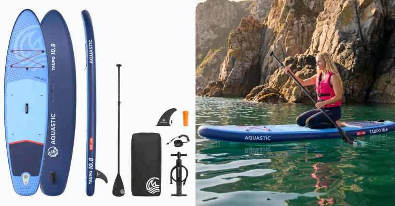 Pompowana deska SUP allround AQUASTIC Taupo 10'8" i kobieta pływająca na niej po jeziorze
