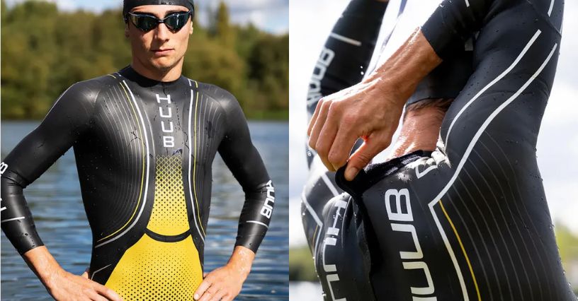 Mężczyzna w piance triathlonowej HUUB Agilis Ali Gold 3:5