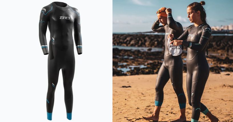 Mężczyzna i kobieta w piankach  triathlonowych ZONE3 Advance na plaży