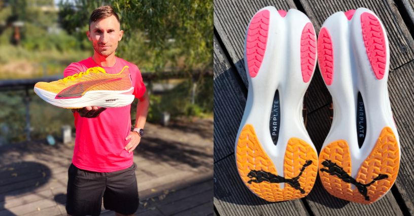 Biegacz prezentuje buty do biegania PUMA Deviate Nitro Elite 3 bokiem oraz ich podeszwę