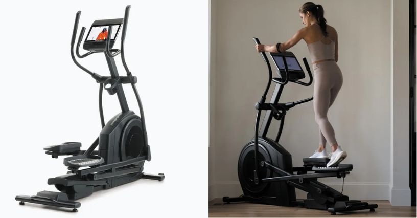 Orbitrek programowany NordicTrack AirGlide 14i oraz kobieta ćwicząca na nim