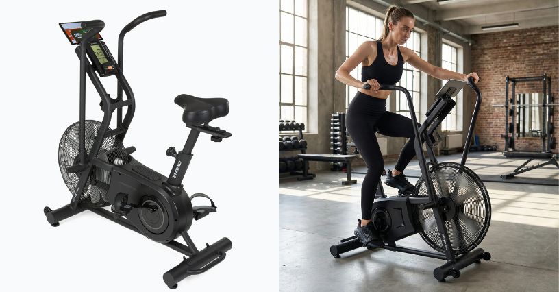 Rower powietrzny XTREXO MB400 i kobieta trenująca na nim w domowej siłowni