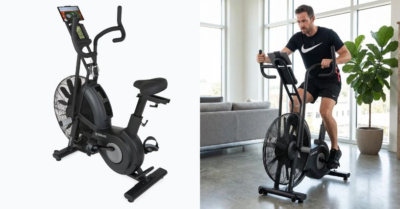 Rower powietrzny XTREXO MB700 i mężczyzna ćwiczący na nim w domu