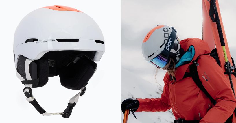 Kask narciarski z systemem audio POC Obex Connect i narciarska nosząca go w czasie jazdy w górach