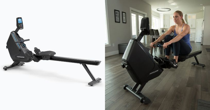 Kobieta ćwicząca w domu na wioślarzu magnetycznym  Horizon Fitness Oxford 6 Viewfit