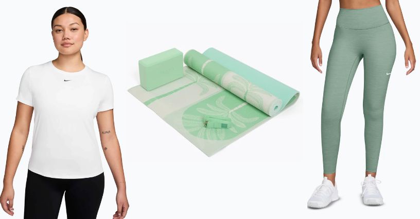 Kobieta w białej koszulce z krótkim rękawem Nike, zestaw do jogi i legginsy treningowe