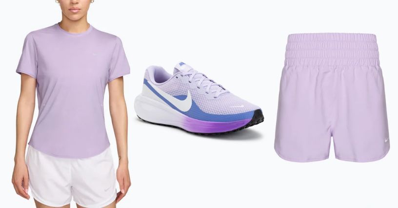 Zestaw do biegania składający się z koszulki z krótkim rękawem, butów do biegania damskich Nike i krótkich spodenek