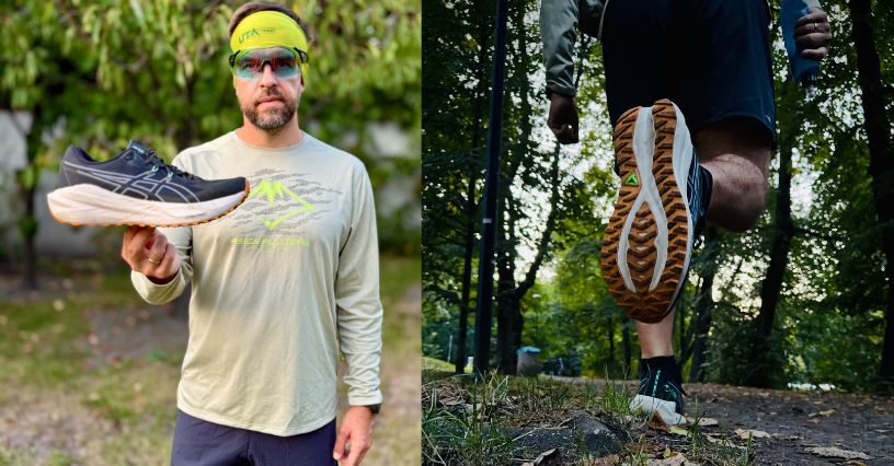 Biegacz trzymający but biegowy ASICS Blazeblast i podeszwa tych butów podczas biegania po lesie