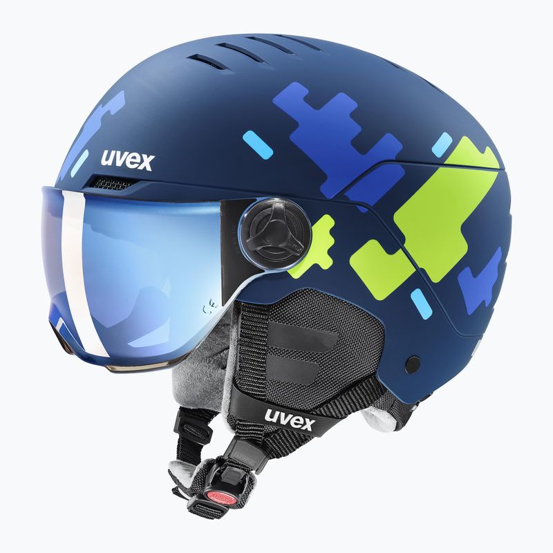 Kask narciarski dziecięcy UVEX Rocket Visor Jr blue puzzle matt/mirror blue/smoke 10