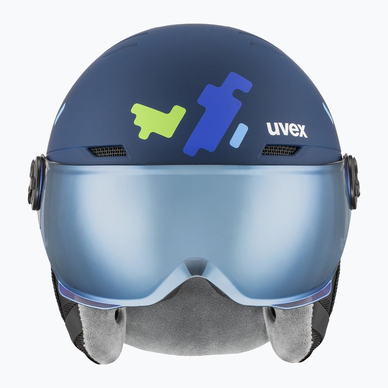 Kask narciarski dziecięcy UVEX Rocket Visor Jr blue puzzle matt/mirror blue/smoke 11