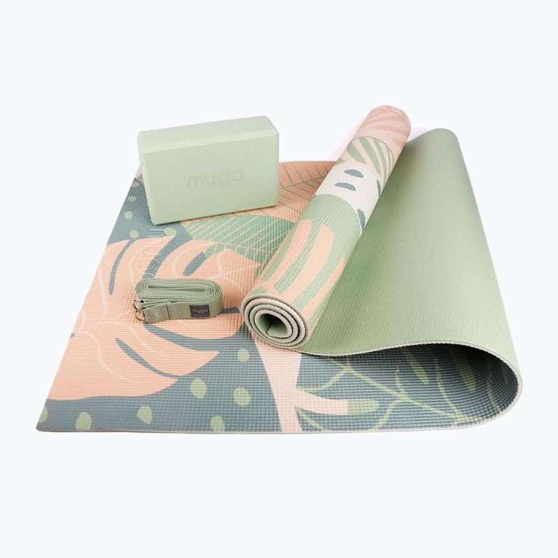 Zestaw do jogi Myga Palm Yoga Set mata + klocek + pasek zielony 3