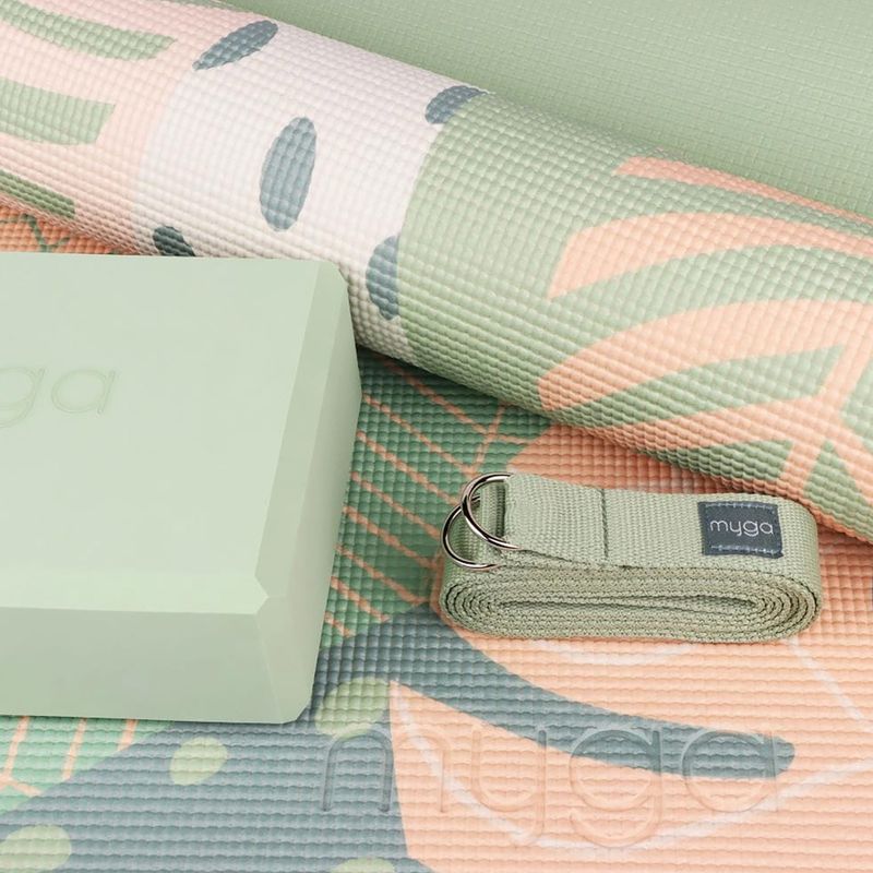 Zestaw do jogi Myga Palm Yoga Set mata + klocek + pasek zielony 4