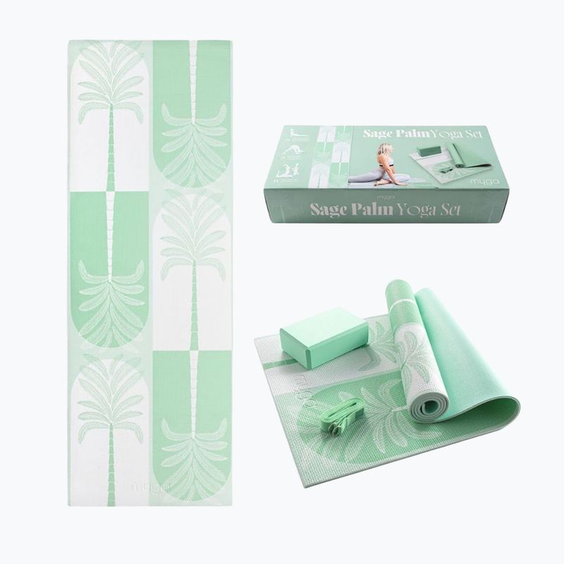 Zestaw do jogi Myga Sage Palm Yoga Set mata + klocek + pasek zielony 12