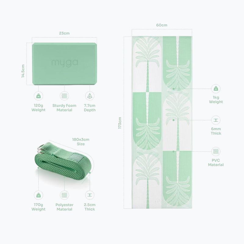 Zestaw do jogi Myga Sage Palm Yoga Set mata + klocek + pasek zielony 13