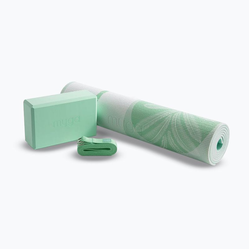 Zestaw do jogi Myga Sage Palm Yoga Set mata + klocek + pasek zielony 14