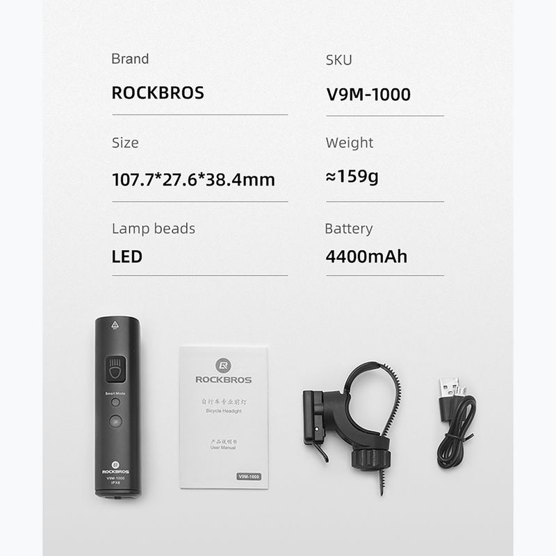 Lampka rowerowa przednia Rockbros V9M-1000 black 8